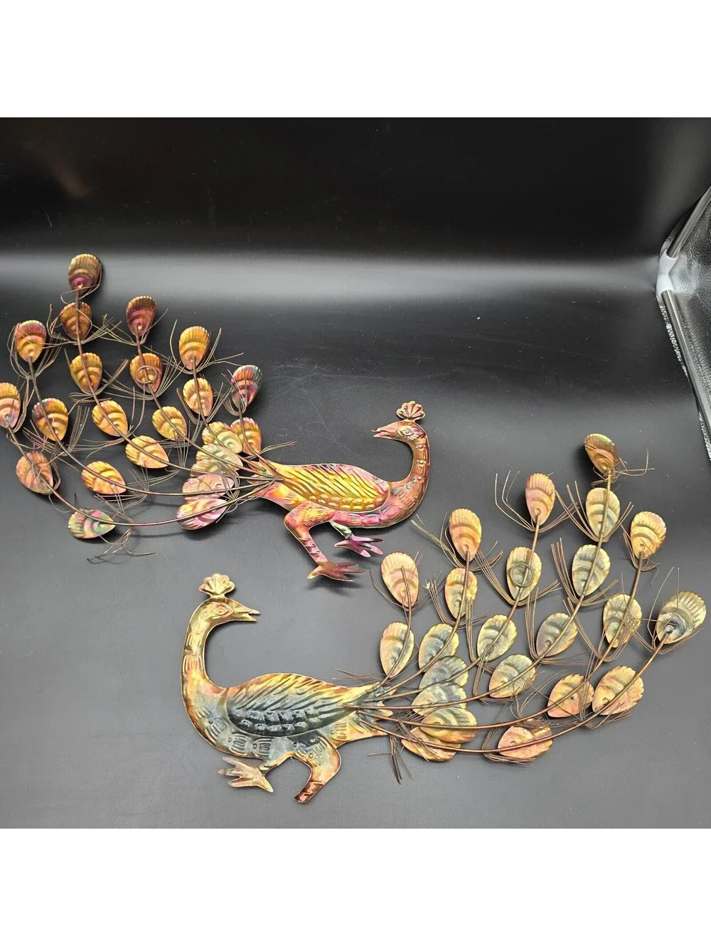 Vintage MCM Metal Peacock Wall Art Pair Flame Cut Finish 1970s